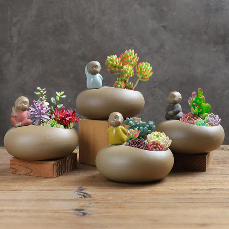 Bonsai Garden Art - สไตล์จีน Retro เซรามิคพระภิกษุสงฆ์กระถางดอกไม้ Succulent Plant หม้อแจกันบอนไซเดสก์ท็อปเครื่องประดับ