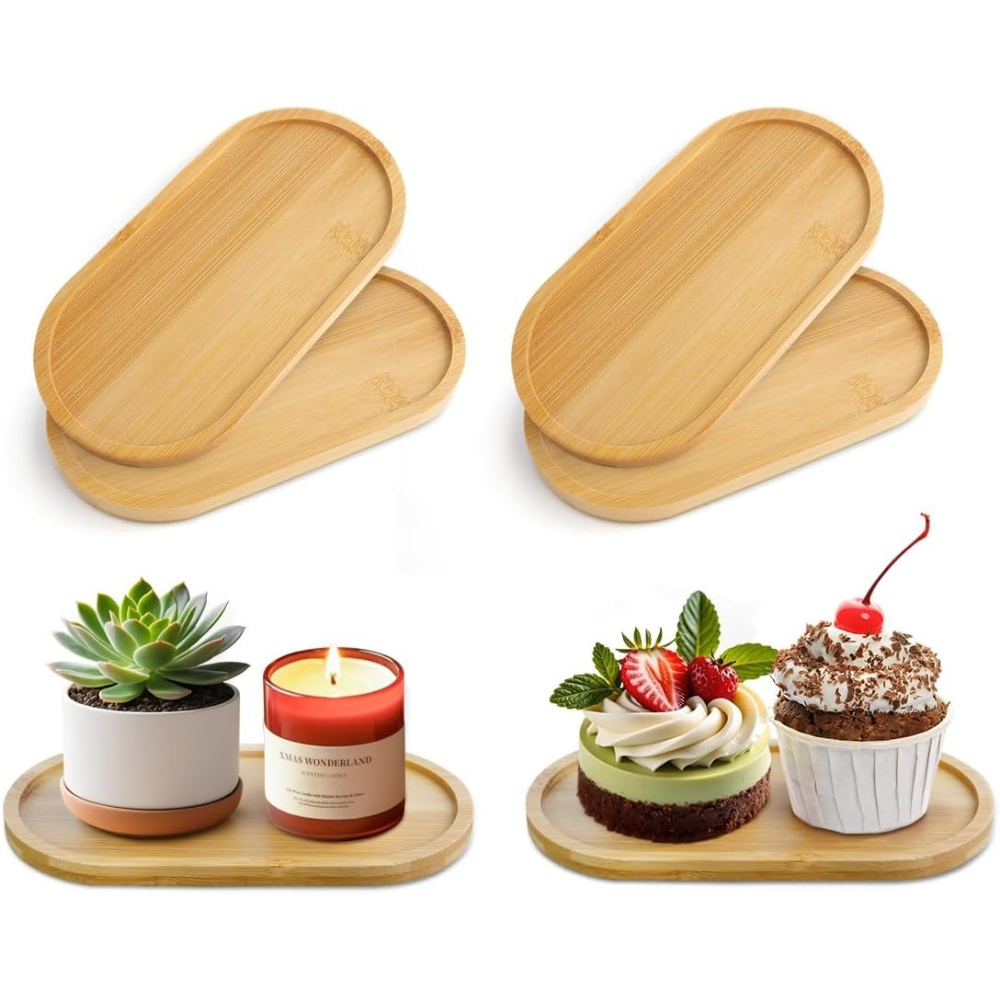 Drip Tray Saucer - ถาดรองกระถางต้นไม้ไม้ไผ่ 4 ชิ้น รูปวงรี สำหรับระบายน้ำ ถาดรองน้ำหยดจากต้นไม้